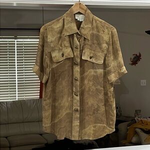 Cache Vintage Women’s Brown Short Sleeve Sheer Button Front Top Size S